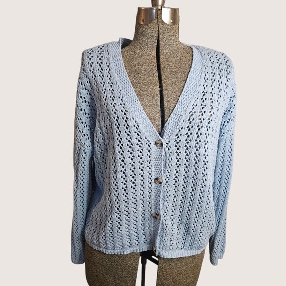 Sweaters - Blue Long Sleeve Crocheted Cardigan